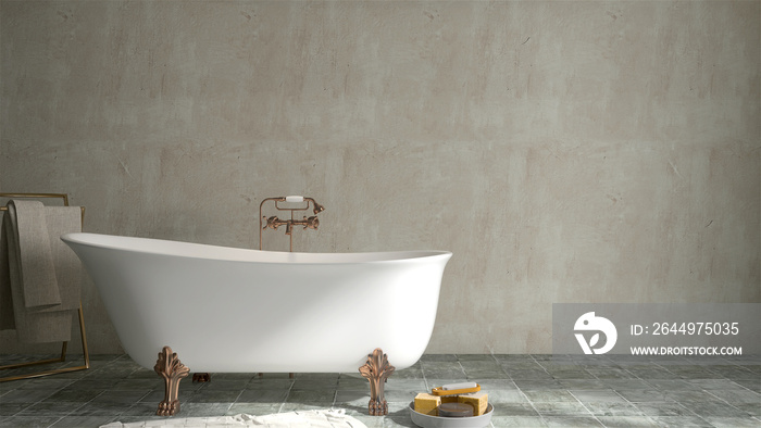 3D rendering of a beautiful modern classic white ceramic bathtub in a bath room with morning sunlight shine in. Background, Mood and tone, Design, Style, Mock up, Empty wall, Copy space, Advertising.