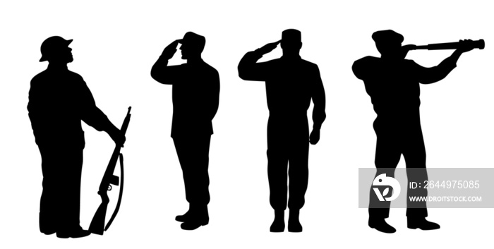 illustration of a silhouette of a soldier saluting, standing attention and looking at telescope on white background