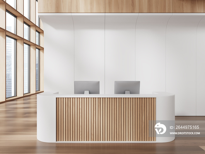 Office interior desk with reception desk and panoramic window, empty wall