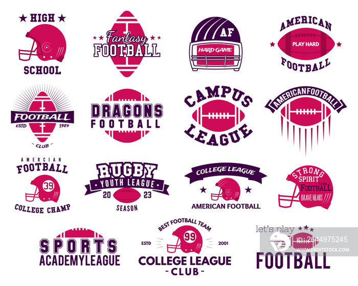 American football logo templates big set. Rugby badges isolated on white background. Sports labels collection. Stock illustration