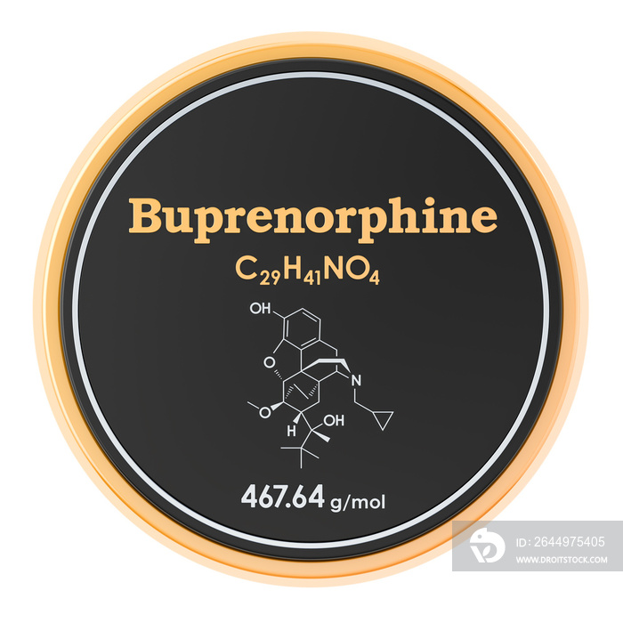 Buprenorphine. Chemical formula, molecular structure. 3D rendering isolated on white background