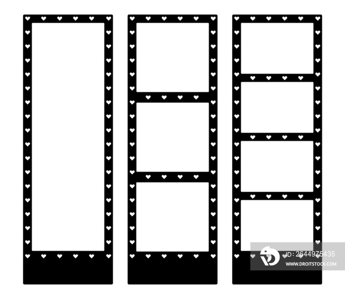 Set of the film strip in the black color frame and white heart dots.