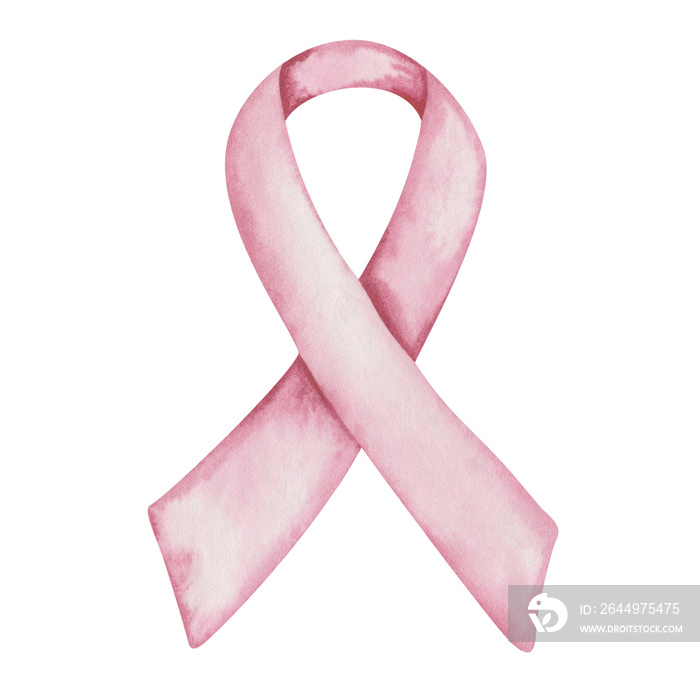 Watercolor illustration of hand painted pink ribbon. Concept symbol of women breast cancer awareness. Word Cancer Day. Medical health care sign isolated on white clip art element for posters, banners