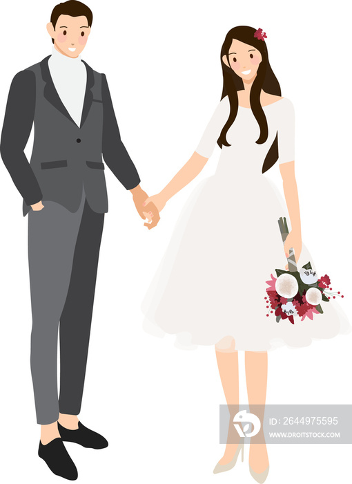 wedding couple holding hands in casual grey suit and dress flat style