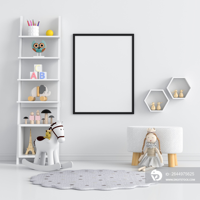 Blank photo frame for mockup in white living room, 3D rendering