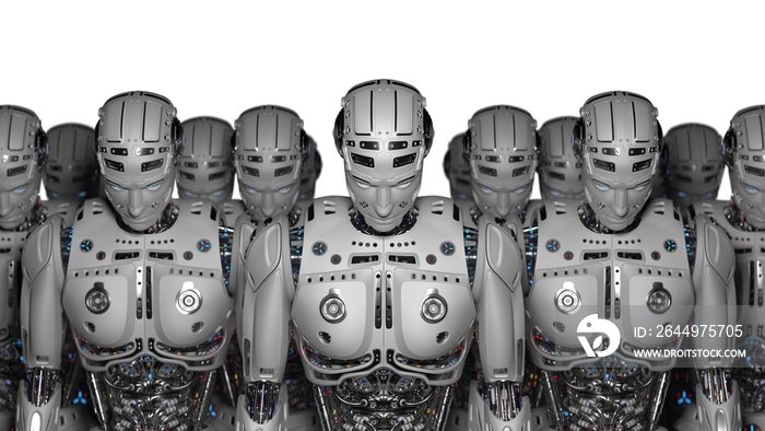 3D Render Futuristic Robot army or group of cyborgs on white background