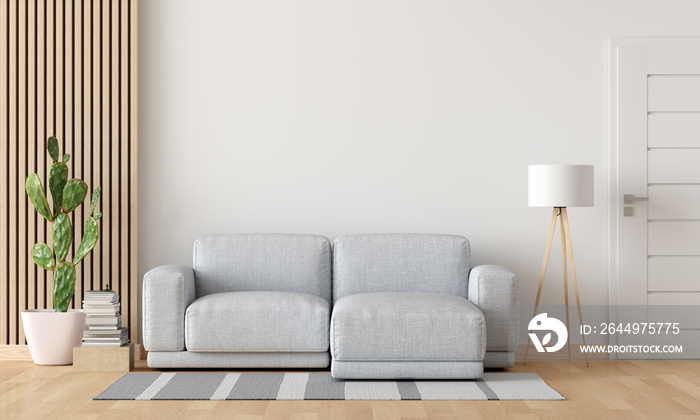 Gray sofa in white living room with copy space, 3D rendering