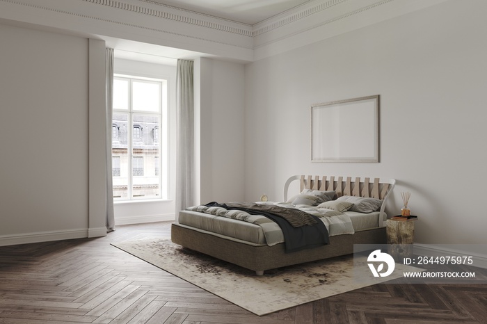 3d render of a bedroom in a classic minimalist style, mock-up of frames on the wall, wooden parquet, carpet and decor wood stumps