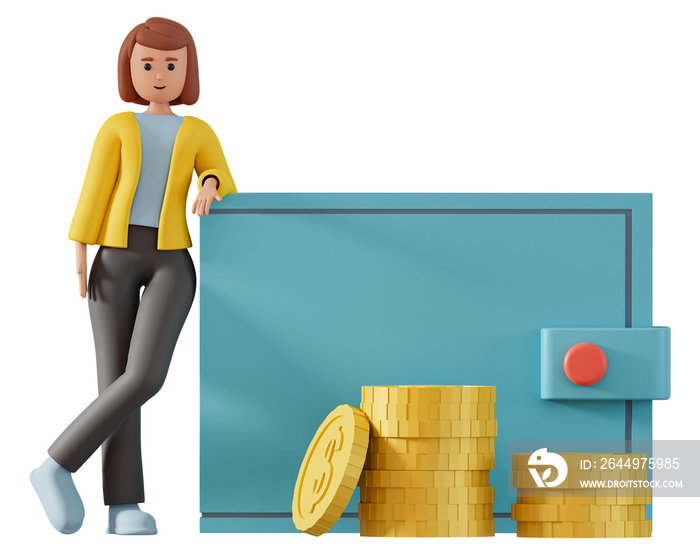 3d woman character standing next to big wallet and money coins isolated illustration on white background. Business and finance concept 3d illustration with young girl, wallet and coins