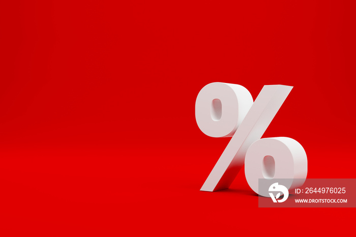 Percentage icon on red background and copy space. 3d illustration