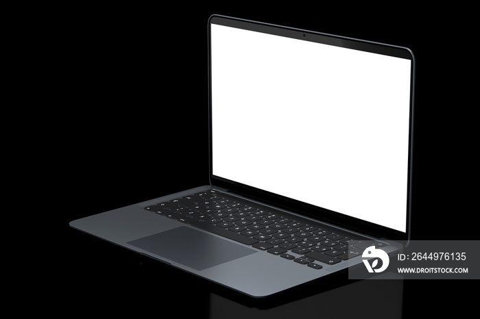 Realistic aluminum laptop with empty white screen isolated on black background.