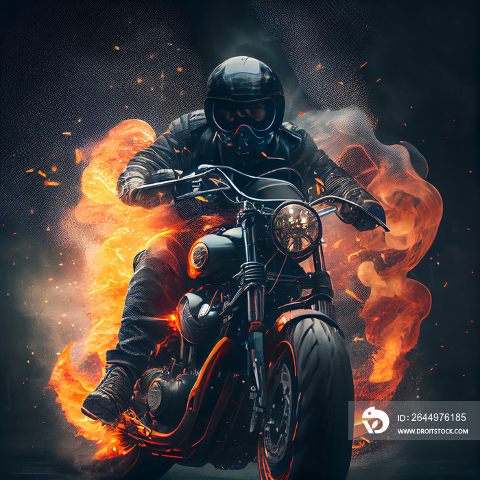 Biker riding classic motorbike on fire, epic chopper or scrambler motorcycle