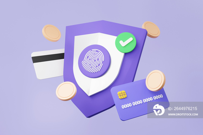 Fingerprint login protection shield icon with check mark with security debit, credit card business finance saving online payments protection touch id system on purple background. 3d rendering