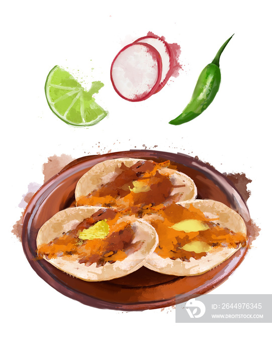 Tacos al pastor. Ilustracion de comida tipicia mexicana en estilo de pintura, sobre plato de barro