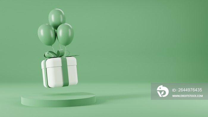 3d rendering of promotion sale with  podium gifts, shopping bag and balloon on minimal green background.