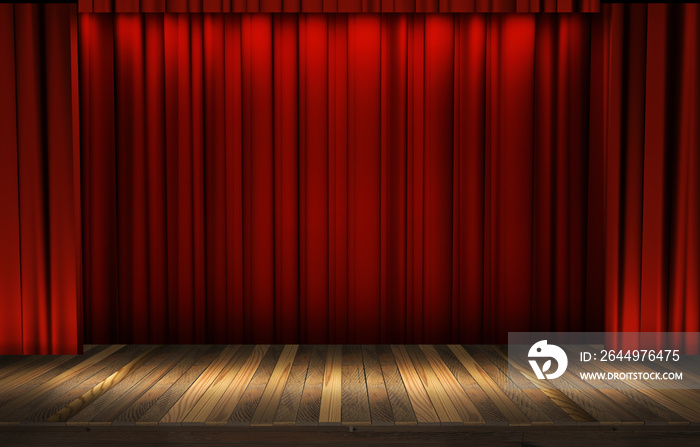Theater stage with a red curtain, ready for a show. 3D rendering virtual show backdrop