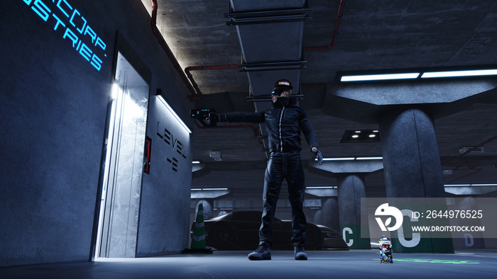 man pointing a gun and waiting in front of the elevator in the dark parking garage, futuristic sci fi cyberpunk scene, 3D background concept