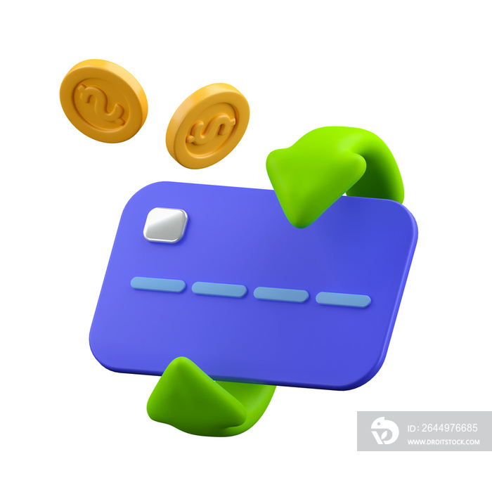 3d credit card, coins and arrow icon. Credit or debit card refund, online payment, money saving, money transfer. icon isolated on white background. 3d rendering illustration. Clipping path.