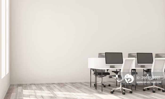 Interior of modern white office with rows of white computer tables with white chairs, wooden floor. 3d rendering