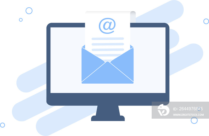 Computer with open envelope and document on screen. Mail service. Email and messaging. Illustration