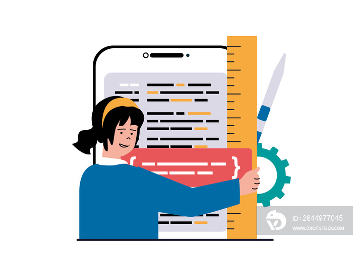 Programming software concept with character situation. Woman working with program code, testing and optimization, engineering process. Illustrations with people scene in flat design for web