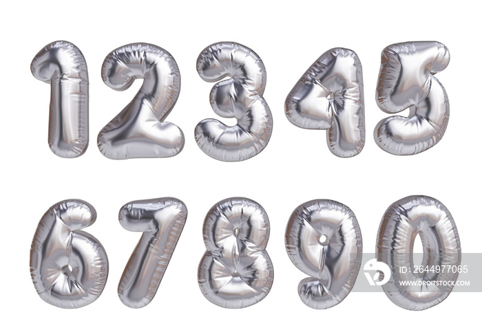 Shiny set of numbers from 1 to 10 in the shape of a silver metallic balloon. 3D rendered, realistic.