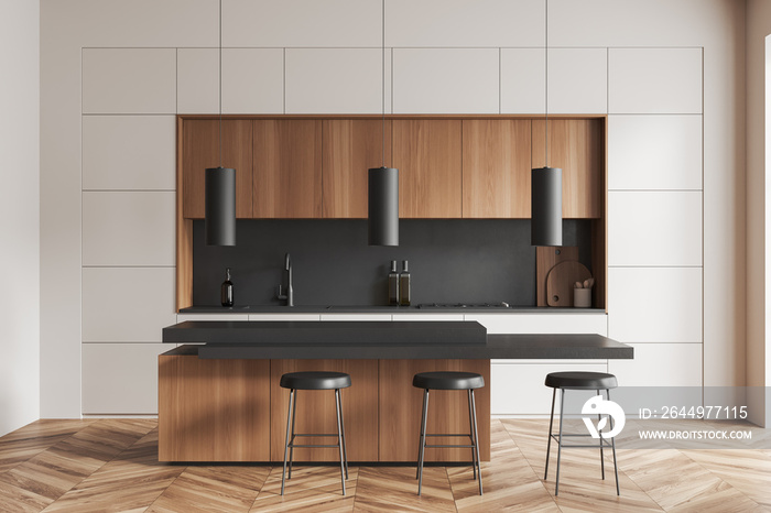 Modern kitchen interior with bar countertop and cooking area, kitchenware