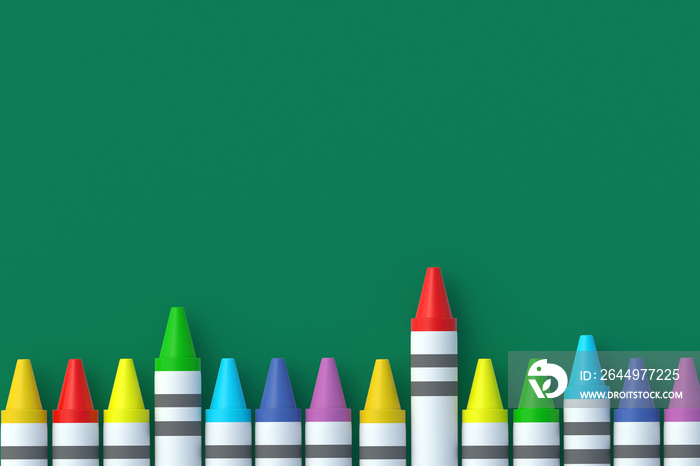 Row of wax crayons. Colorful pencils. Back to school concept. Preschool education. Top view. Copy space. 3d render