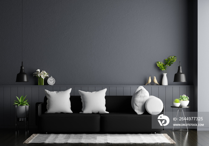 Black sofa in black living room with copy space, 3D rendering