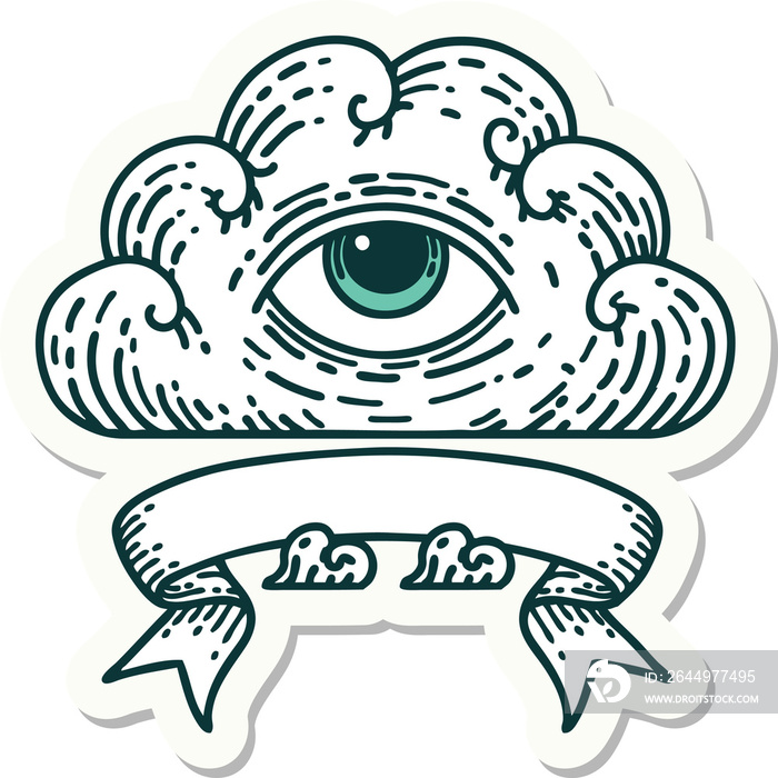 tattoo sticker with banner of an all seeing eye cloud