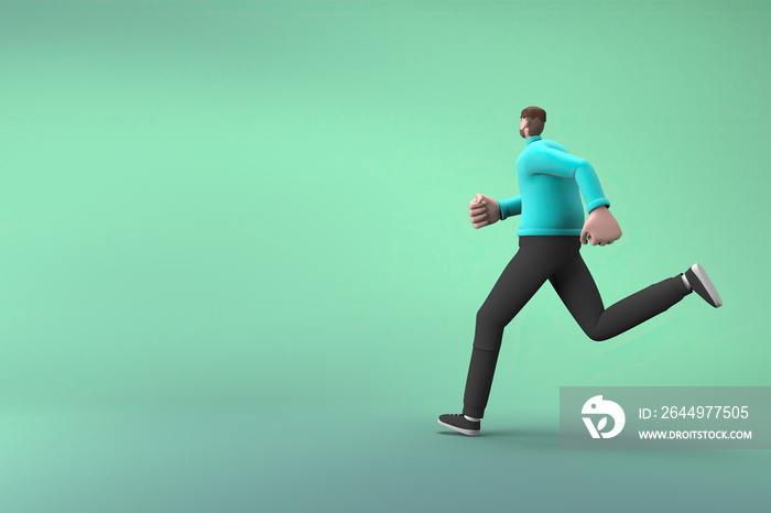 Man in casual clothes making gestures while pushing or running. 3D rendering of a cartoon character