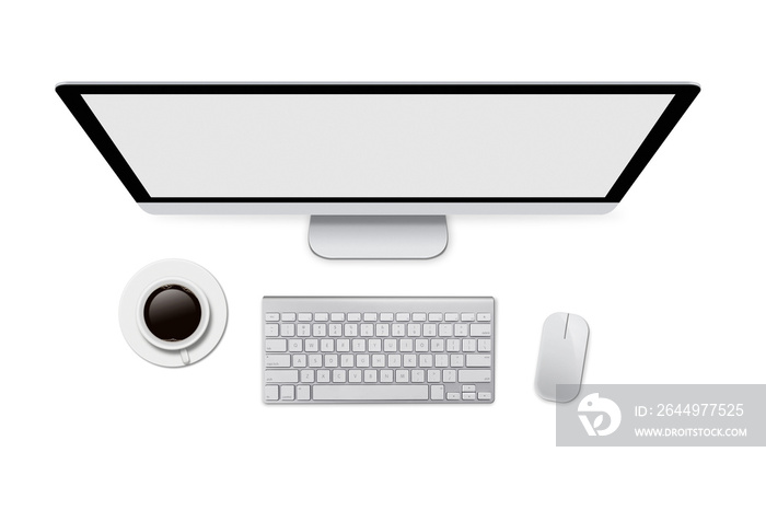 Modern Computer Set with Coffee Cup in Top View