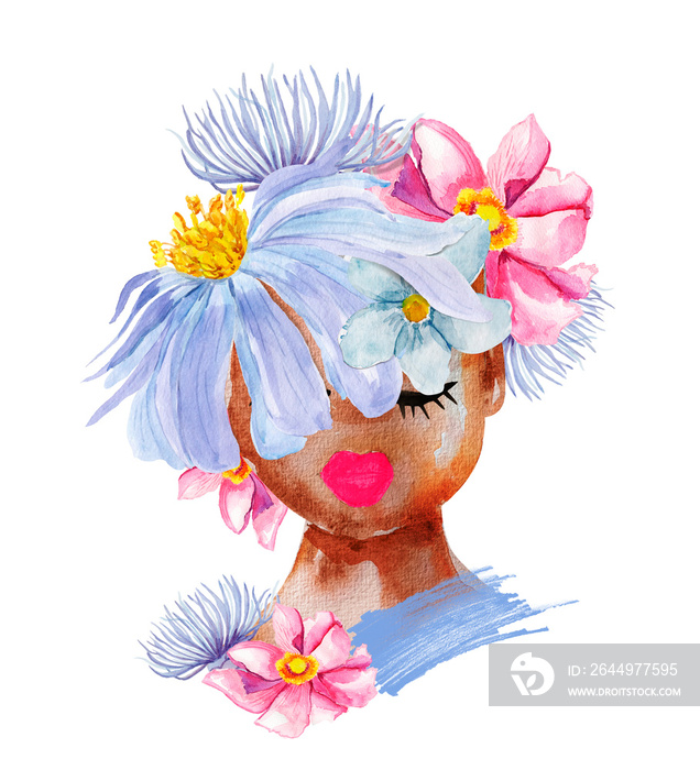 African American woman with a wreath of flowers on her head watercolor illustration.  Template for decorating designs and illustrations.