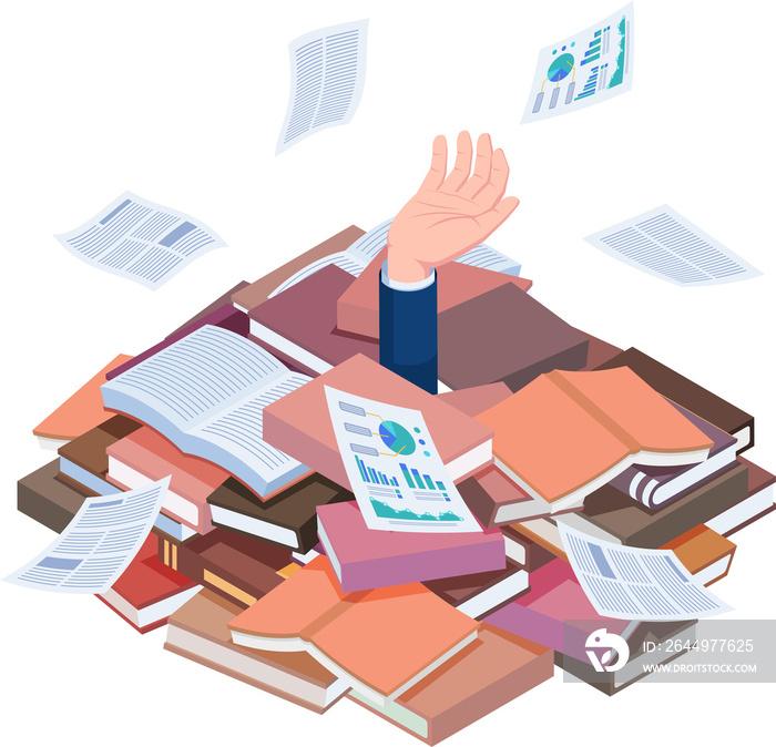 Isometric Businessman Drowned in Book and Document Pile