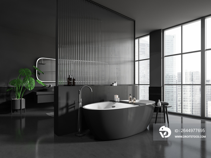 Luxury hotel bathroom interior with bathing area and sink, panoramic window