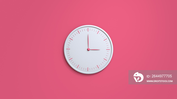 White wall clock isolated on pink background. 3D rendering illustration.