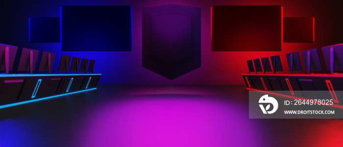 abstract video game of scifi gaming red blue vs e-sports backgound, vr virtual reality simulation and metaverse, scene stand pedestal stage, 3d illustration rendering, futuristic neon glow room