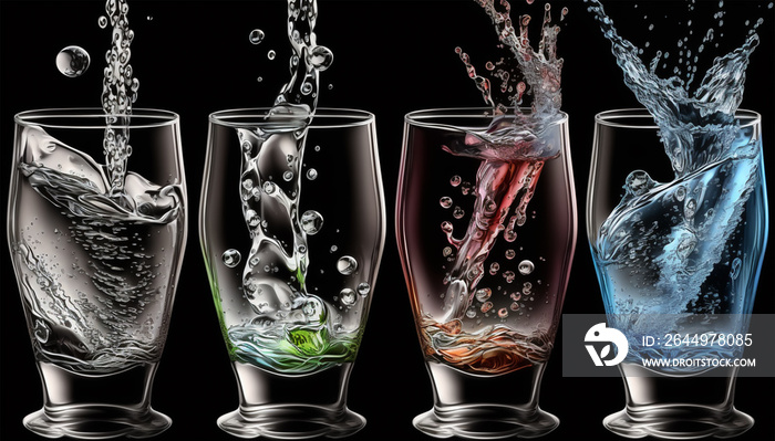 Pouring colorful water into glass with black isolated background