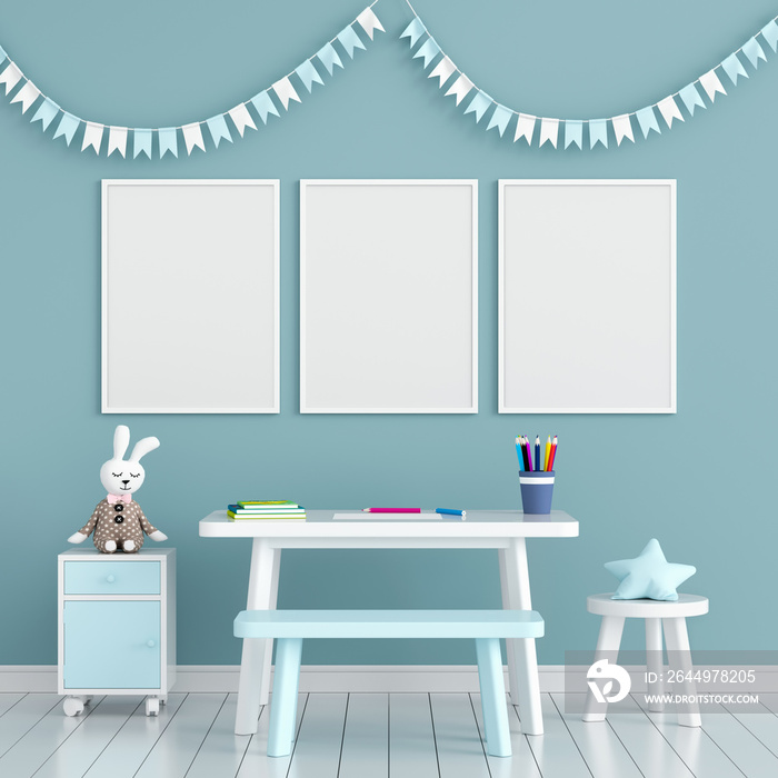 Three empty photo frame for mockup in child room, 3D rendering