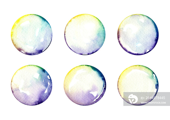 Set of colored soap bubbles. Hand drawn by watercolor. For decoration and design. Isolated.