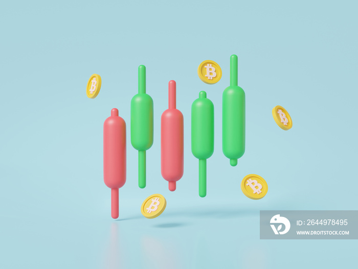 Growth statistics trading concept. buy, sell, Cryptocurrency trading btc or bitcoin, finance business investing money digital exchange. strategy market on blue background. 3d rendering illustration