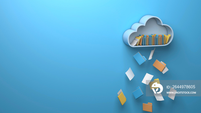 Cloud storage. A cloud of files and folders falling like rain. Copy space for text. 3d render