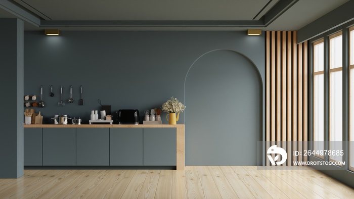 Modern dark blue kitchen and minimalist interior design.