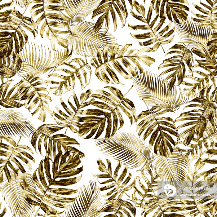 Gold tropical leaves seamless pattern of native Monstera philodendron or Golden Pothos and palm leaves with gold effect, elegant tropical nature background.