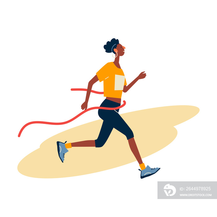 Running woman with Finish ribbon in sportswear at marathon race.  Marathon race, 5k run, sprint. Flat cartoon illustration on white background. Creative landing page design template, web banner