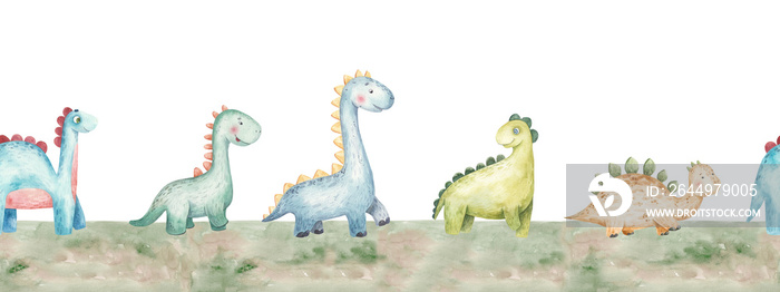 seamless border pattern with dinosaurs, cute watercolor childrens illustration