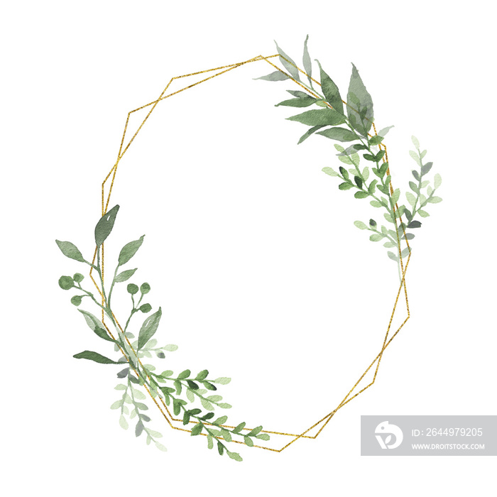 Watercolor gold geometrical wreath with greenery leaves branch twig plant herb flora isolated on white background. Botanical spring summer leaf decorative illustration for wedding invitation card