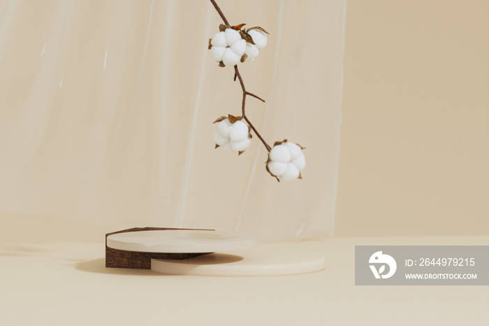 Minimal composition with Branch white cotton flowers, wooden podium on beige background. Delicate light beauty cotton background. Natural organic fiber, raw materials for making fabric. 3d render