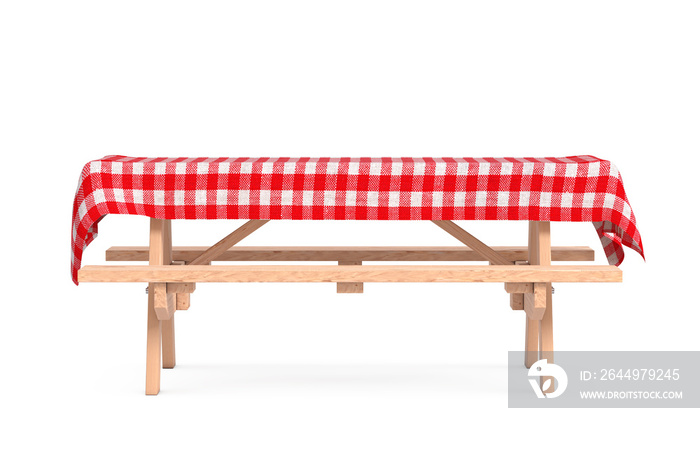 Wooden Picnic Table with Benches and Red Plaid Tablecloth. 3d Rendering