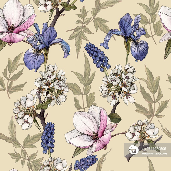 Floral seamless pattern with watercolor irises, magnolia, cherry blossom, and muscari.